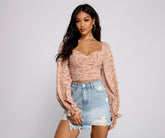 Crop top à manches bouffantes et motif floral